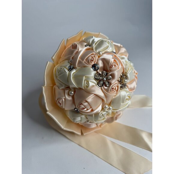 Satin Ribbon Rose Vintage Bridal Bouquet With Rhinestones Pearls & Flower Brooch